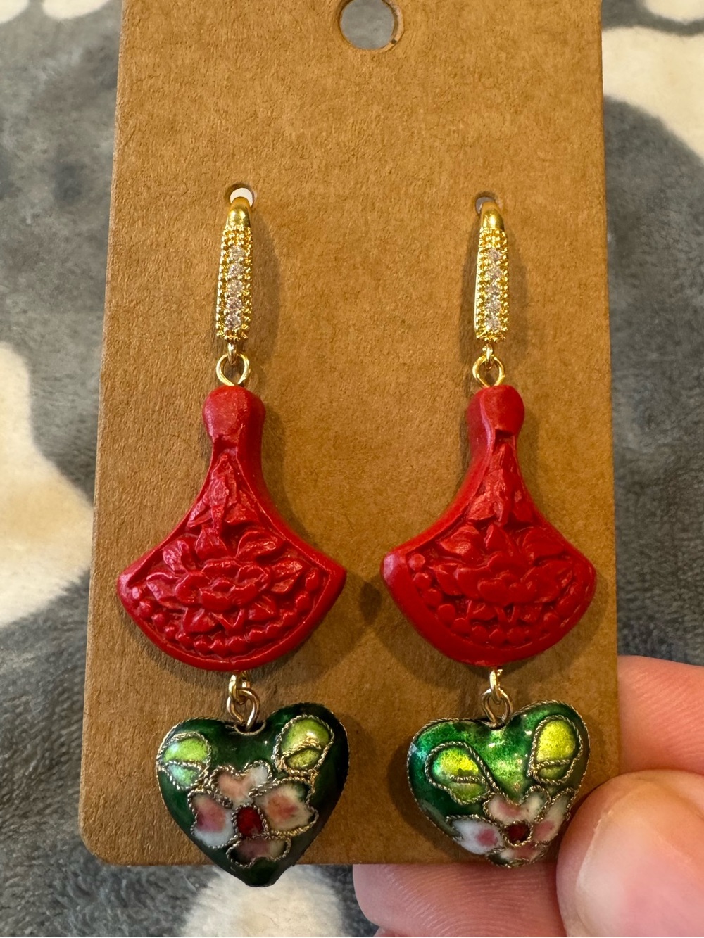 Artisan Cinnabar Fan and Vintage Cloisonné Hearts Beaded Earrings🧁 - Picture 4 of 5